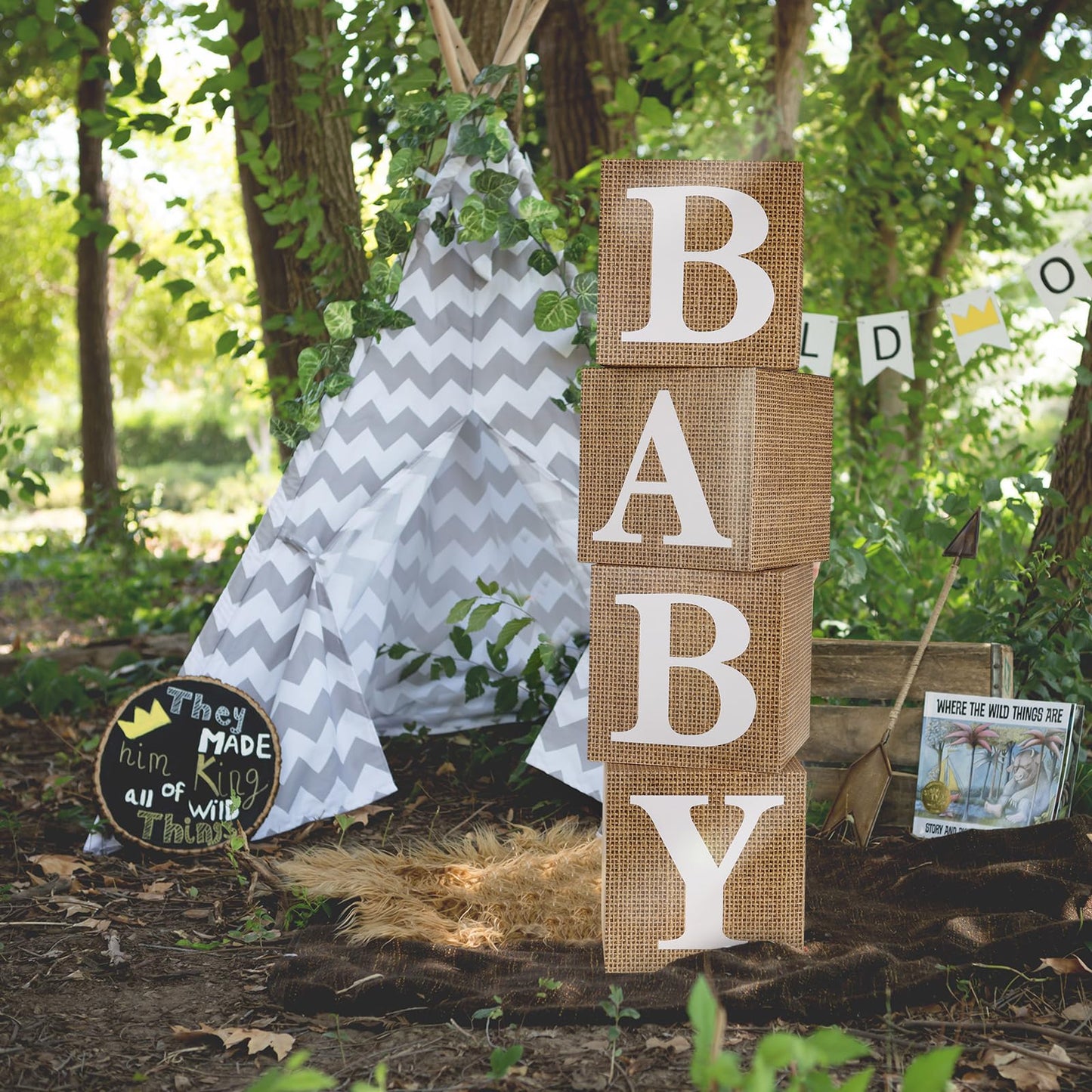 RUBFAC Sage Green Baby Boxes with Letters for Baby Shower, 4pcs Safari Baby Shower Decorations for Boy Girl Balloon Boxes Gender Reveal Birthday Party Favors
