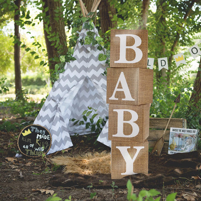 RUBFAC Sage Green Baby Boxes with Letters for Baby Shower, 4pcs Safari Baby Shower Decorations for Boy Girl Balloon Boxes Gender Reveal Birthday Party Favors