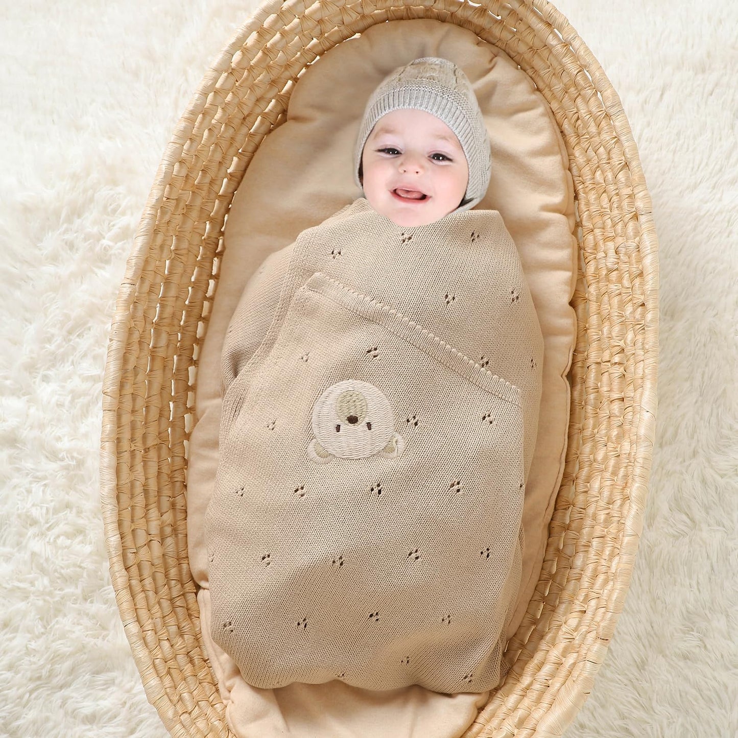 mimixiong Organic Cotton Baby Blanket Neutral Knitted Soft Crib Nursery Swaddling Receiving Blankets for Newborn Baby Boy Girl 40x30 Inch (Oatmeal)