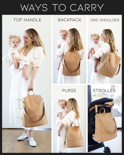 Leather Diaper Bag Backpack with USB Charging port, Changing Pad, Stroller Straps, and Bottle Holder (Brown Olivia)