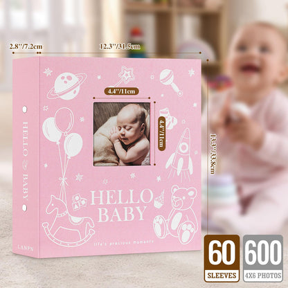 Lanpn Baby Photo Album 4x6 300 Pockets, Linen Newborn Bebe Ultrasound Photo Album with Memo Writing Area, Cover Photo Book, Picture Album for kids, Baby Girl Boy Memory Book Keepsake Colorful