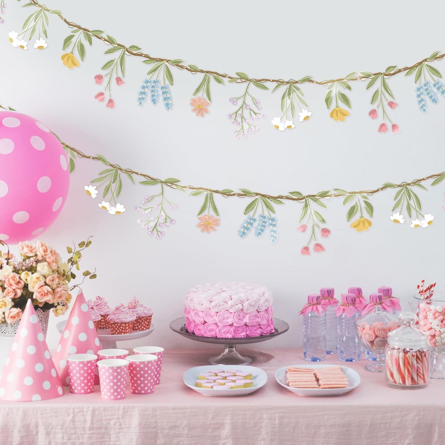 Cheerland Flower Banner Wildflower Garland for Enchanted Garden Party Woodland Theme Picnic Wedding Baby Shower Birthday Onederland Tea Party Supplies Girl Party Decorations