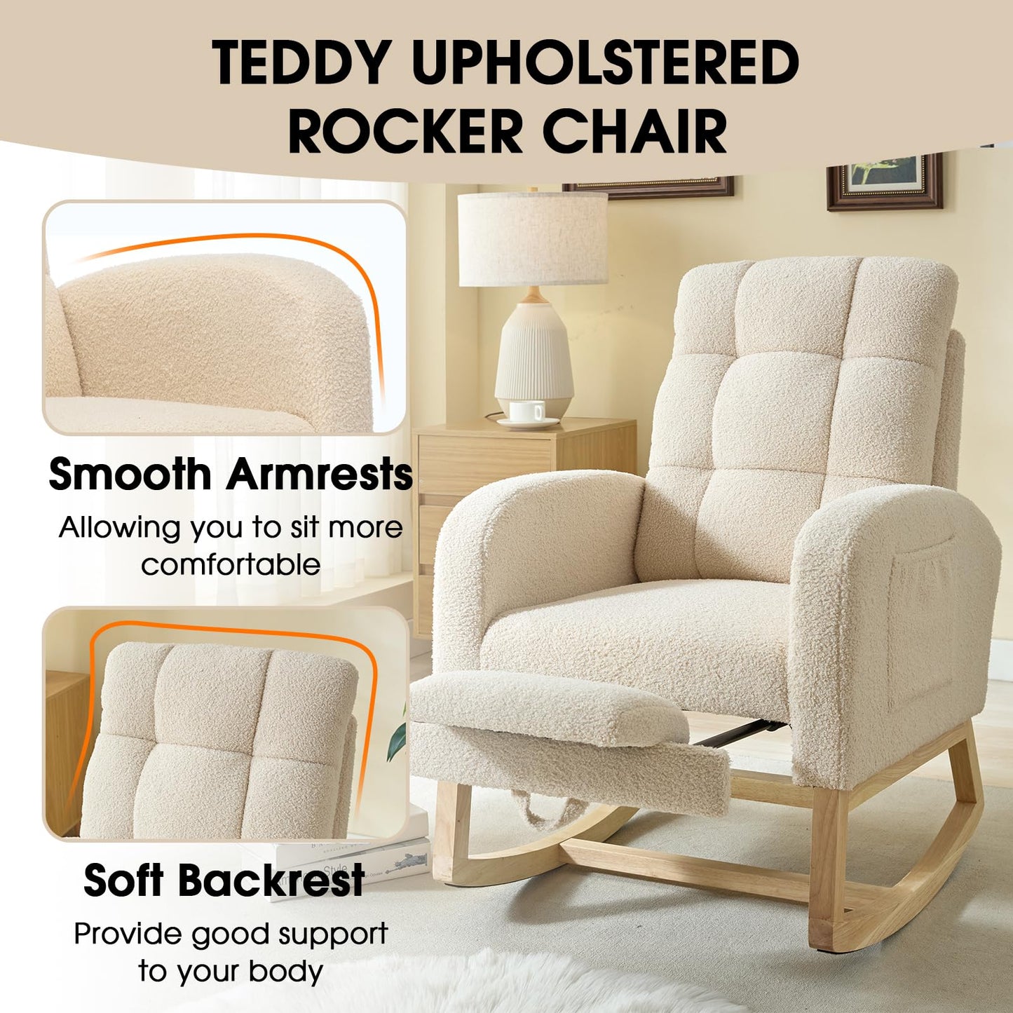 NIOIIKIT Modern Nursery Rocking Chair, Teddy Upholstered Rocking Chair with Footrest, Comfortable Glider Rocker with Side Pocket for Living Room, Bedroom, Nursing Room (Beige)