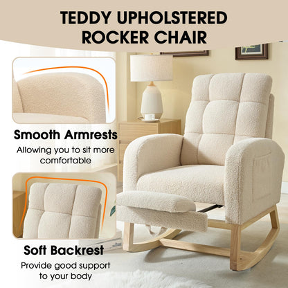 NIOIIKIT Modern Nursery Rocking Chair, Teddy Upholstered Rocking Chair with Footrest, Comfortable Glider Rocker with Side Pocket for Living Room, Bedroom, Nursing Room (Beige)