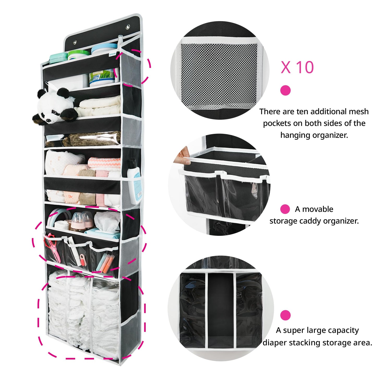 Door Hanging Storage Organizer,with 3 Bins 1 Movable Baby Diaper Caddy,1 Large capacity diaper stacking storage Organizer,10 Side Pockets ,Bedroom Door Storage for Nursery Baby Essentials. (Beige)