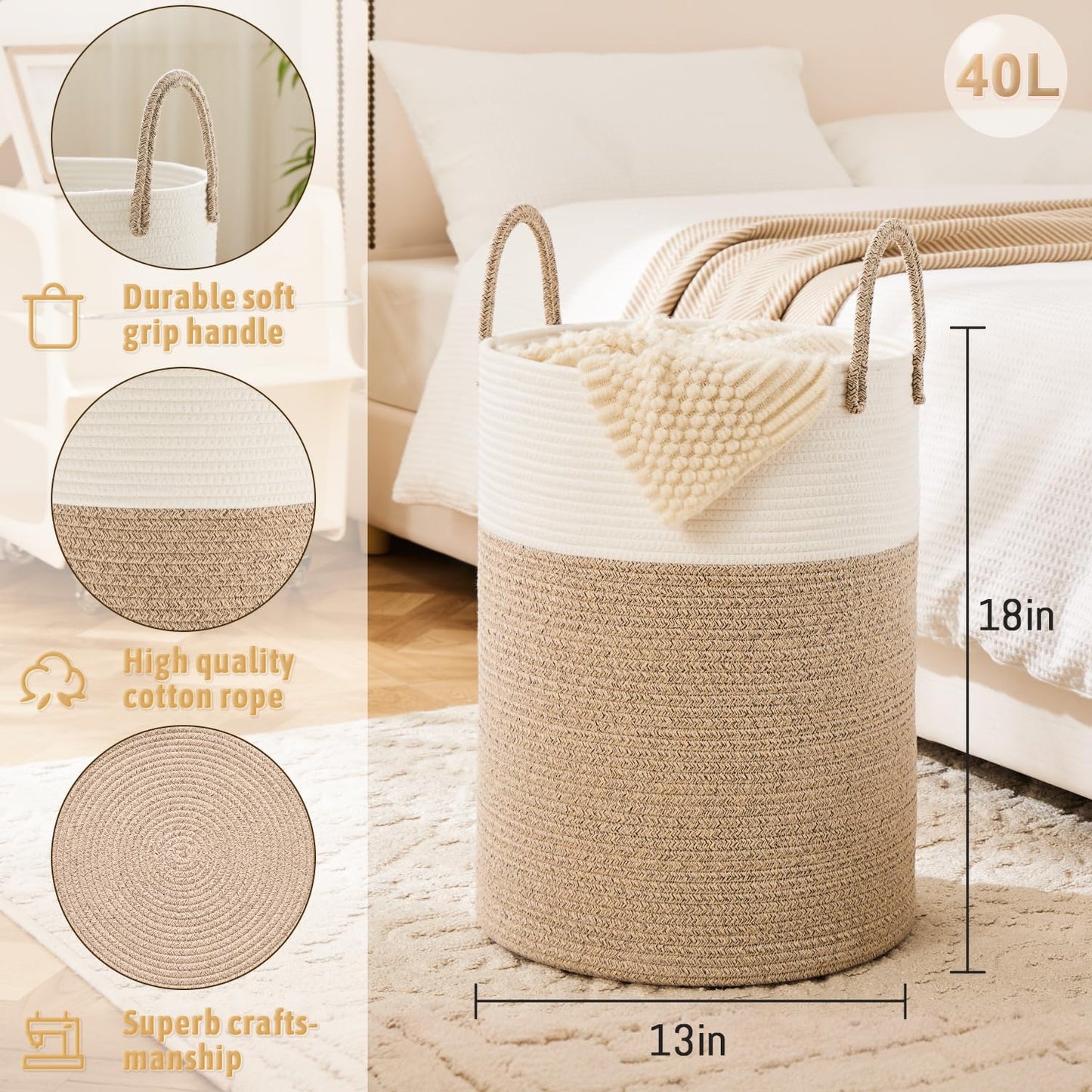 Laundry Basket,Woven Cotton Rope Laundry Hamper,60L for Decor Storage of Dirty Clothes,Toys and Blankets in Bathroom,Baby Room and Living Room