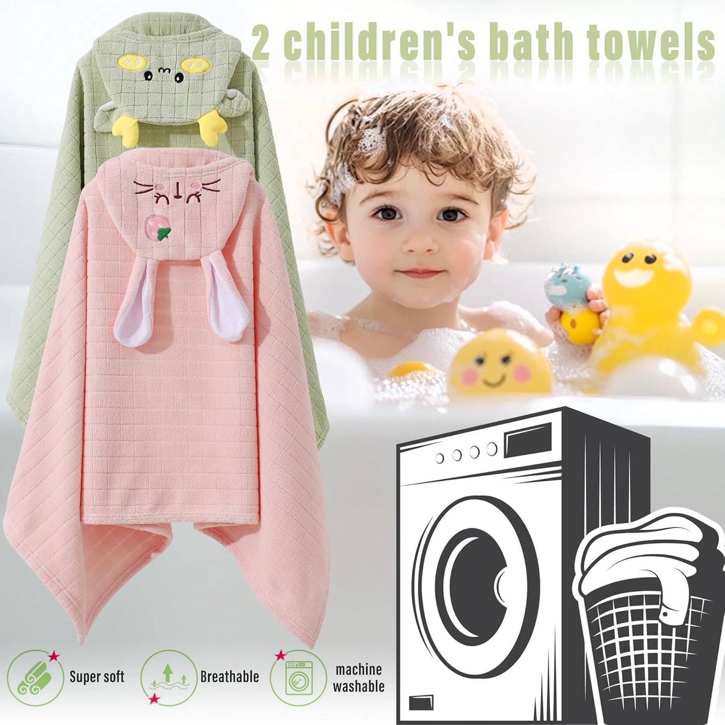 Hooded Baby Towels Set,Baby Towels 2 Pack Soft Thick Absorbency Bath Towel Gift with Animal Design for Newborn,Infant,Toddler,Boys,Girls and Kids,Newborn Essential, 27.5x55Inch(Green Deer&Pink Bunny)