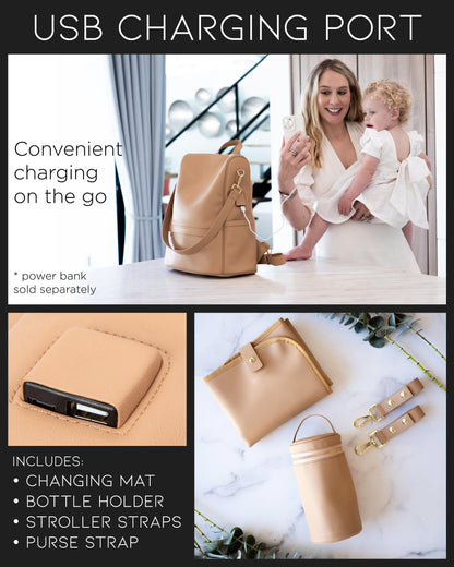 Leather Diaper Bag Backpack with USB Charging port, Changing Pad, Stroller Straps, and Bottle Holder (Brown Olivia)