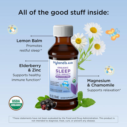 Hyland's Kids Sleep Calm and Immunity with Melatonin, Promotes Sleep and Supports Immune Health, Ages 2 and up, Grape Flavor, 4 Fl. Oz.