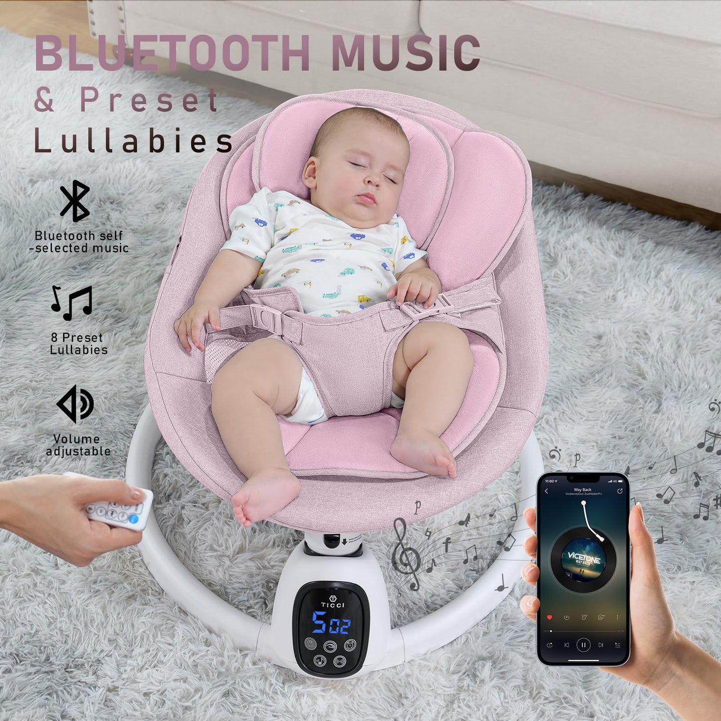 T TICCI Baby Swings for Infants, Smart Portable Baby Swing for Newborn, Bluetooth Infant Swing with Music Speaker, Remote Control Indoor Rocker with 5 Sway Speeds, 0-6 Months, Pink