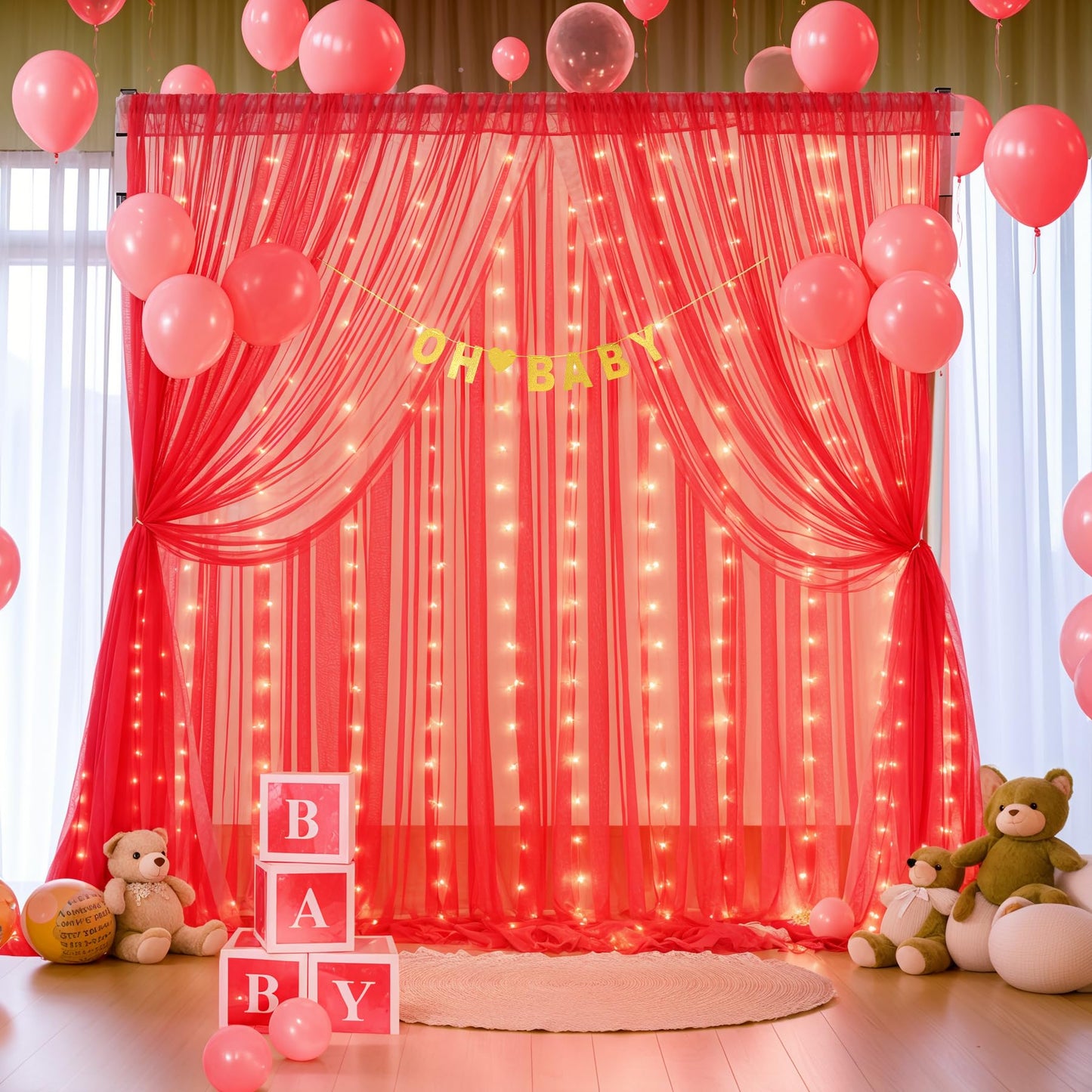 White Tulle Backdrop Curtain with Lights String for Parites 10×8ft Sheer Backdrop Curtains White Curtain Backdrop for Wedding Baby Shower Birthday Party Photo Shoot Decorations(2 Panels 10ft×8ft)
