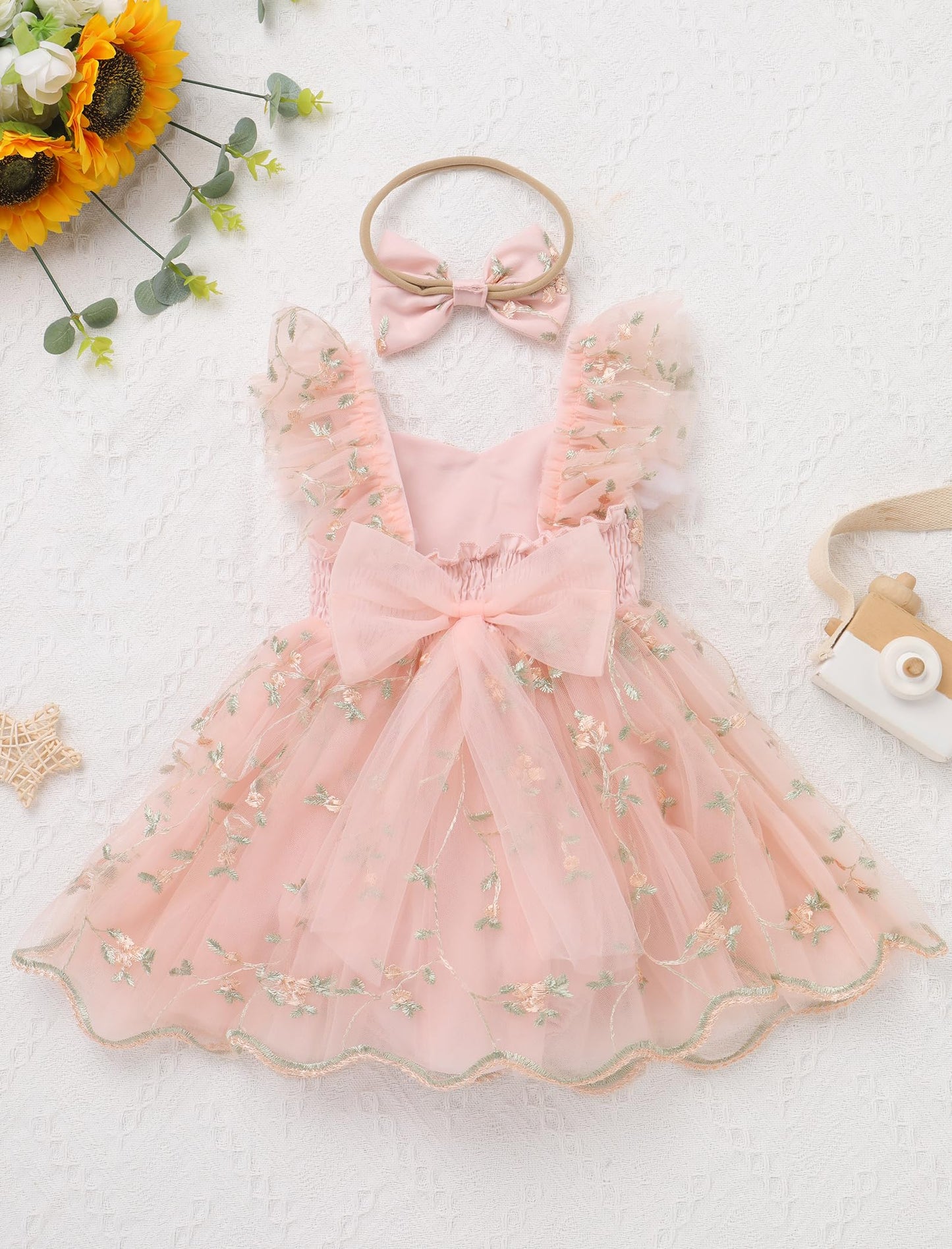 IDOPIP Floral Embroidered Baby Girl Romper Tutu Dress Princess Tulle Jumpsuit Headband Cake Smash 1st Birthday Party Outfit