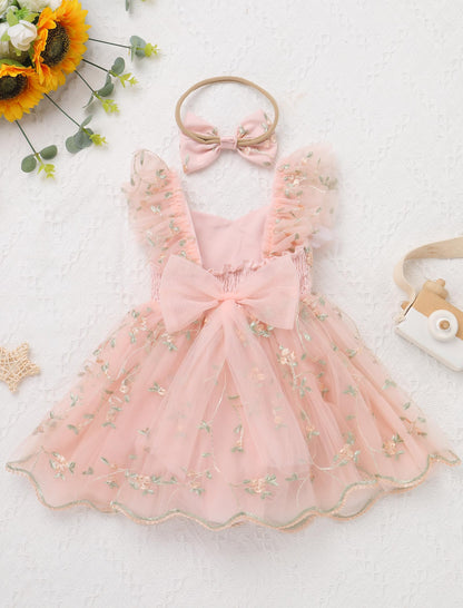 IDOPIP Floral Embroidered Baby Girl Romper Tutu Dress Princess Tulle Jumpsuit Headband Cake Smash 1st Birthday Party Outfit