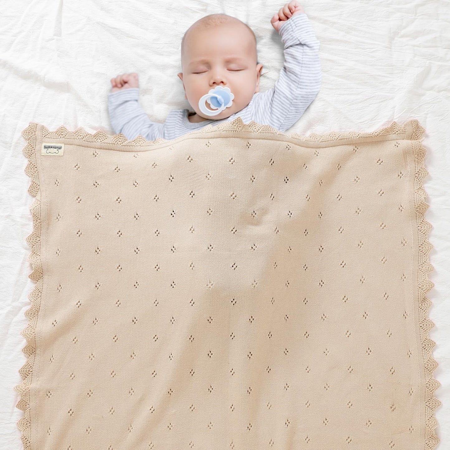 mimixiong Cotton Baby Blanket Knitted Crochet Receiving Crib Nursery Swaddling Blankets for Newborn Baby Boy Girl Off White 30x40 Inch