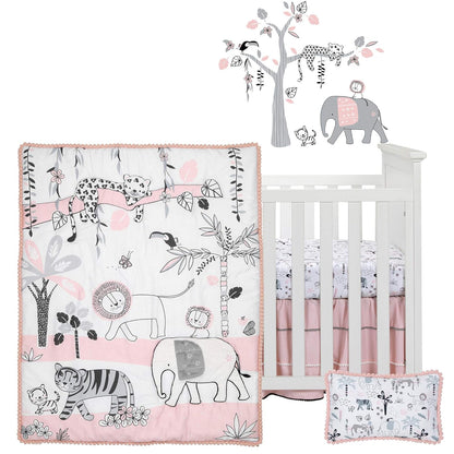 Lambs & Ivy Happy Jungle Pink/White Safari Nursery 5-Piece Crib Bedding Set