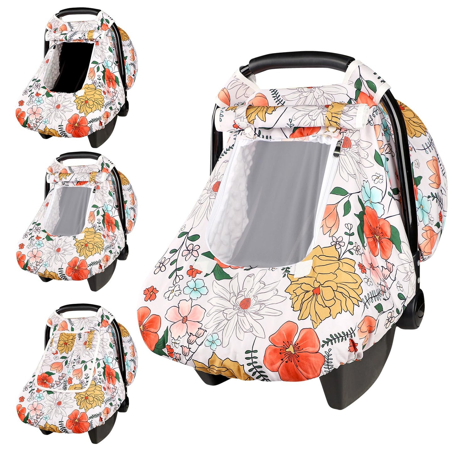 Pea Pod Car Seat Cover Baby, Infant Car Seat Canopy Covers for Newborn with 2 Layers Windows of Breathable Mesh Fabric, Lightweight Polyester/Soft Minky Dot Backing (Floral & Rainbow)