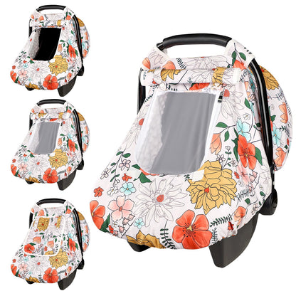 Pea Pod Car Seat Cover Baby, Infant Car Seat Canopy Covers for Newborn with 2 Layers Windows of Breathable Mesh Fabric, Lightweight Polyester/Soft Minky Dot Backing (Floral & Rainbow)