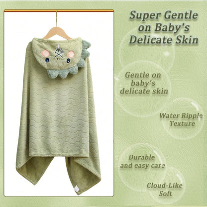 Unisex Toddler Bath Towel with Hood, 27.5"X55", Green, Anime Dinosaur Pattern, Coral Fleece, Machine Wash, 1 Count