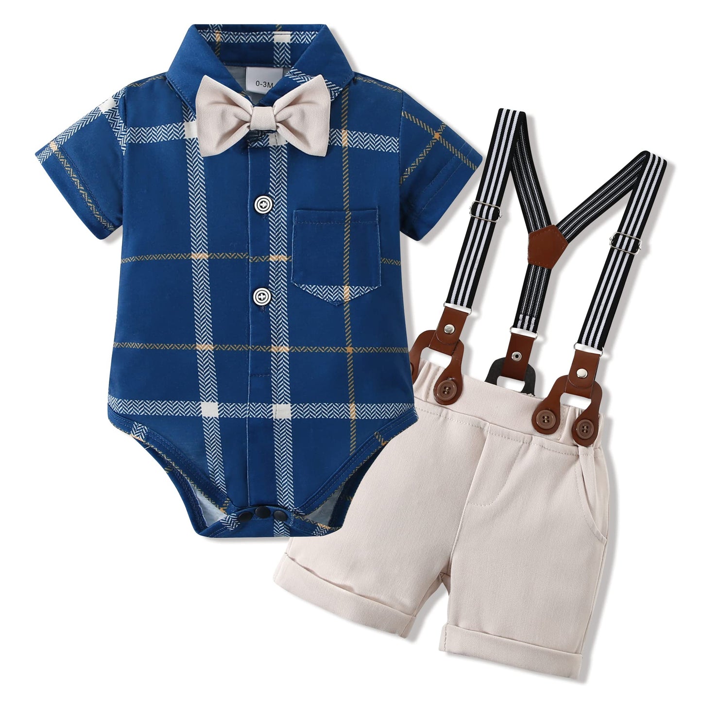 WESIDOM Baby Boy Clothes Suit 0-24 Months Gentleman Outfits, Short Sleeve Dress Romper+Bowtie+Detachable Suspender Shorts Set