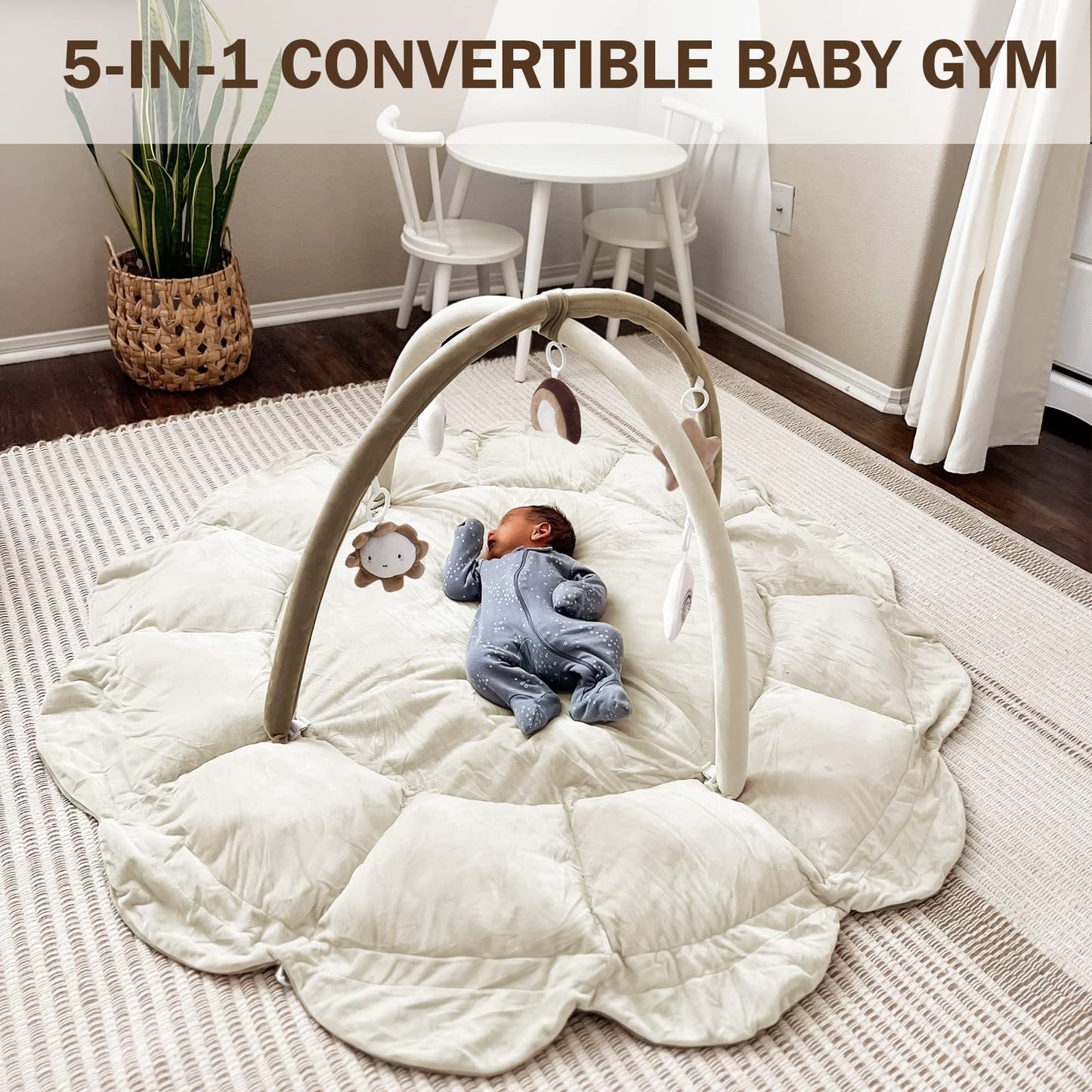HAN-MM 5-in-1 Convertible Baby Play Gym with 6 Toys, Tummy Time Mat for Sensory Development, Baby Activity Center from Newborn to Toddler, Ball Pit, Cat & Dog Bed, Soft Plush Pet Bed, Pink