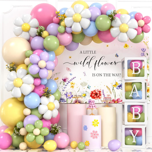 Wildflower Baby Shower Decorations for Girl, Balloon Boxes with Letters, Daisy Balloon Arch, Backdrop, Foil Balloon, Floral Birthday Party Girl Baby Shower Decorations