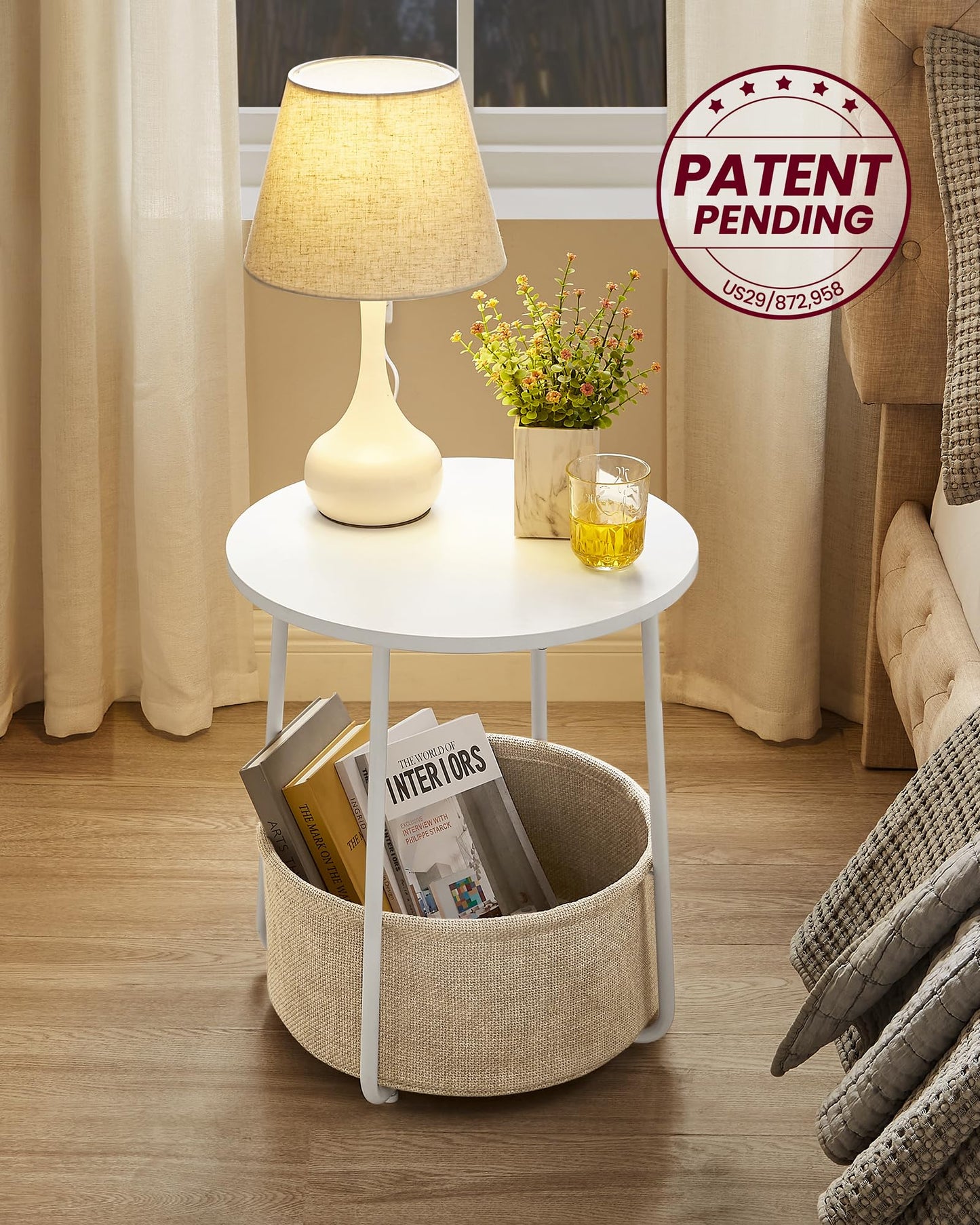 VASAGLE End Table, Small Bedside Table with Fabric Basket, Modern Nightstand, Round Side Table, for Living Room, Bedroom, Matte White and Camel Brown ULET223W10