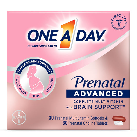 ONE A DAY Women’s Prenatal Advanced Complete Multivitamin with Brain Support* with Choline, Folic Acid, Omega-3 DHA & Iron for Pre, During & Post Pregnancy, 60+60 Ct (120 Total) (Packaging May Vary)