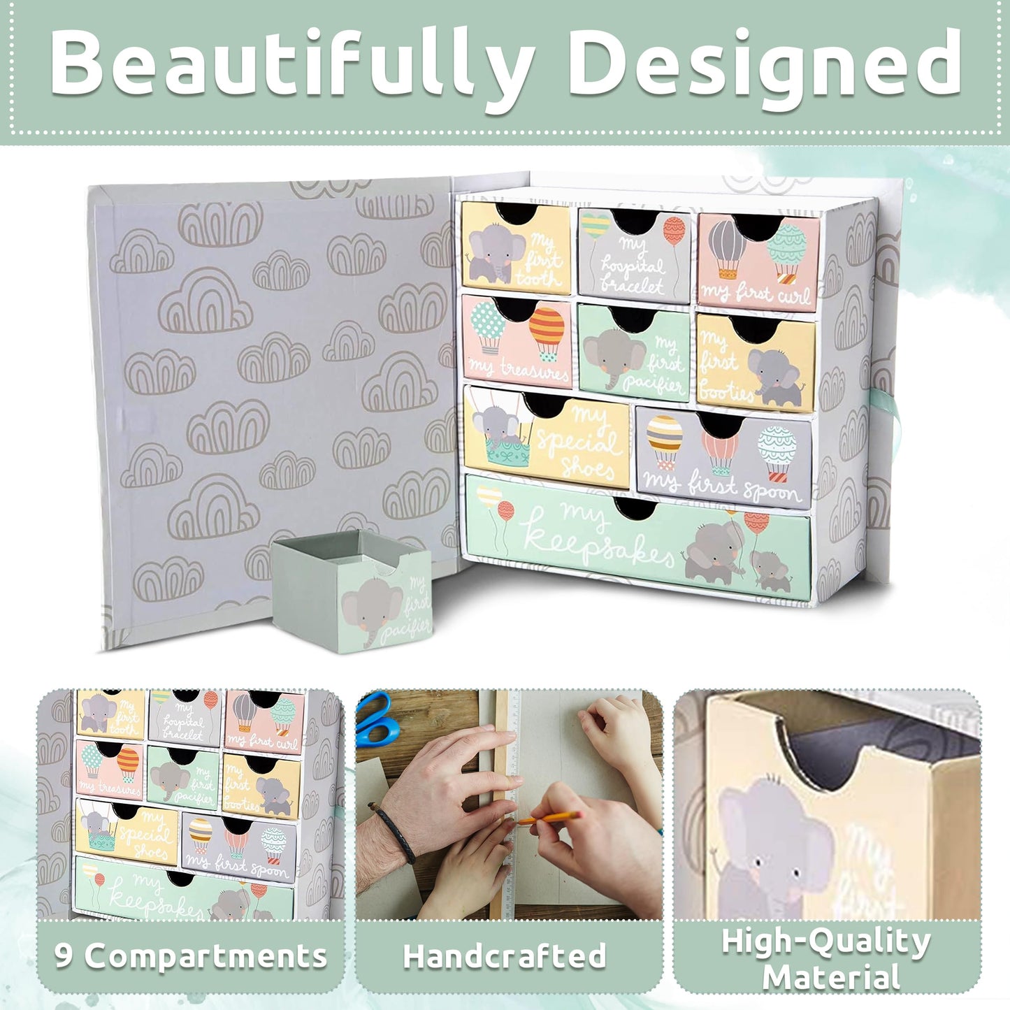 VOTUM Baby Keepsake Box for Treasured Memories, Fairytale - Lightweight, Handcrafted Baby Boxes with 9 Labeled Compartments for First Memories - Gender Neutral Baby Shower Gifts for Girls, Boys
