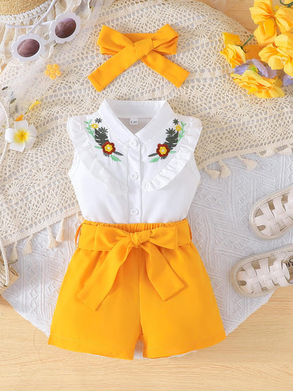SUREPOCH Baby Girl Clothes Toddler Summer Embroidery Short Shirt Pant Girl Outfit Sleeveless Top Clothes Set
