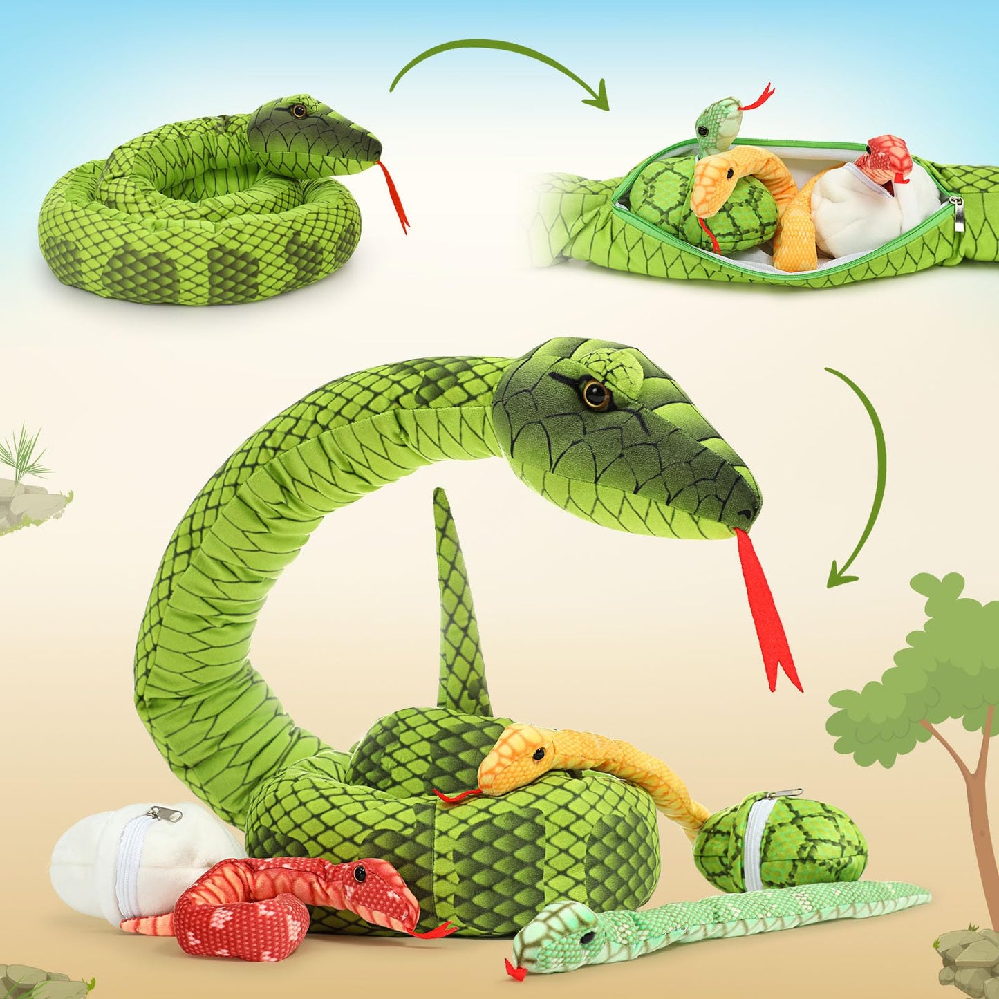 MorisMos Snake Stuffed Animals Plush Toy 120 Inch Giant Snake Plush with Babies Stuffed Snake Toys for Kids Plush Party Decorations Favors Prank Props, 4 Snake Babies, 3 Snake Eggs