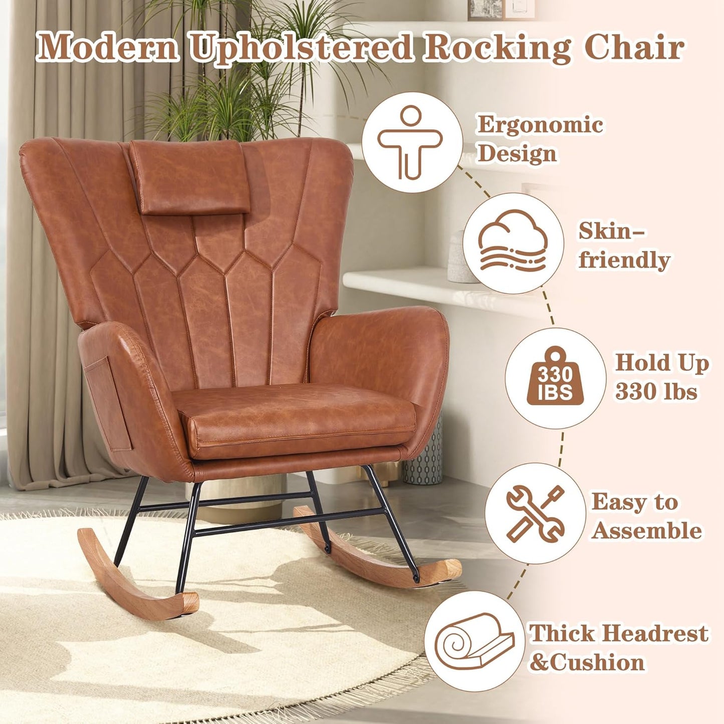 VECELO Rocking Chair Nursery with Thick Headrest, Modern PU Upholstered Reading Glider Rocker Accent Armchair with High Backrest, Padded Seat, Side Pocket, for LivingRoom, Bedroom, Baby Room, Brown