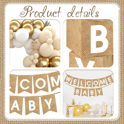 Boho Baby Shower Decorations-97Pcs Burlap Grain Baby Boxes,Nude and Gold Balloons Arch Kit and "WELCOME BABY" Banner for Neutral Baby Shower Decorations,Birthday Party Supplies,Gender Reveal