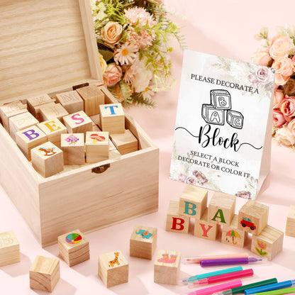 Marsui 136 Pcs Baby Shower Blocks to Decorate Game Kit Includes 98 Wooden Blocks, 36 Markers, 1 Game Sign, 1 Storage Box for Baby Shower Gender Reveal Activity Party Decorations(Pink Elephant)