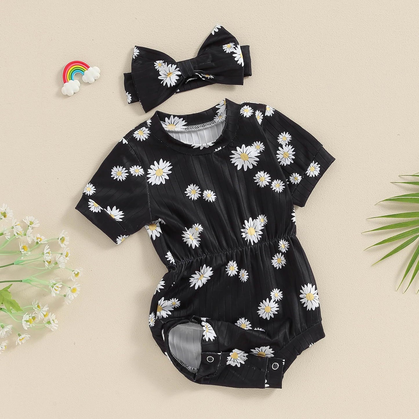 Baby Girl Summer Clothes Ribbed Short Sleeve Romper Solid Color Bodysuits Bow Headband Outfit Newborn Girl Jumpsuit