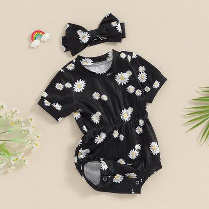 Baby Girl Summer Clothes Ribbed Short Sleeve Romper Solid Color Bodysuits Bow Headband Outfit Newborn Girl Jumpsuit