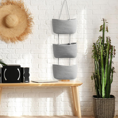 TeoKJ Over the Door Hanging Basket, 3-Tier Woven Cotton Wall-Mounted Storage Organizer Bag Decorative Hanging Nursery Baskets - Jute