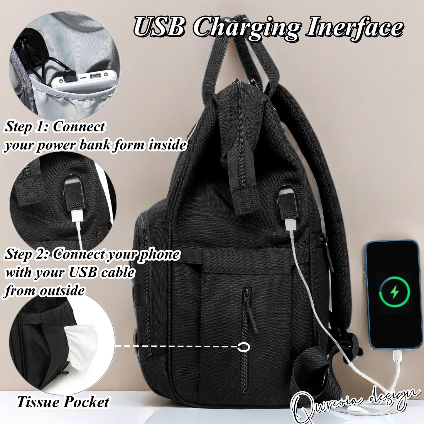 Diaper Bag Backpack for Dad and Mom with USB Charging Port Stroller Straps and Insulated Pocket,army military Travel Nappy Backpack for Daddy/Mommy (Black)