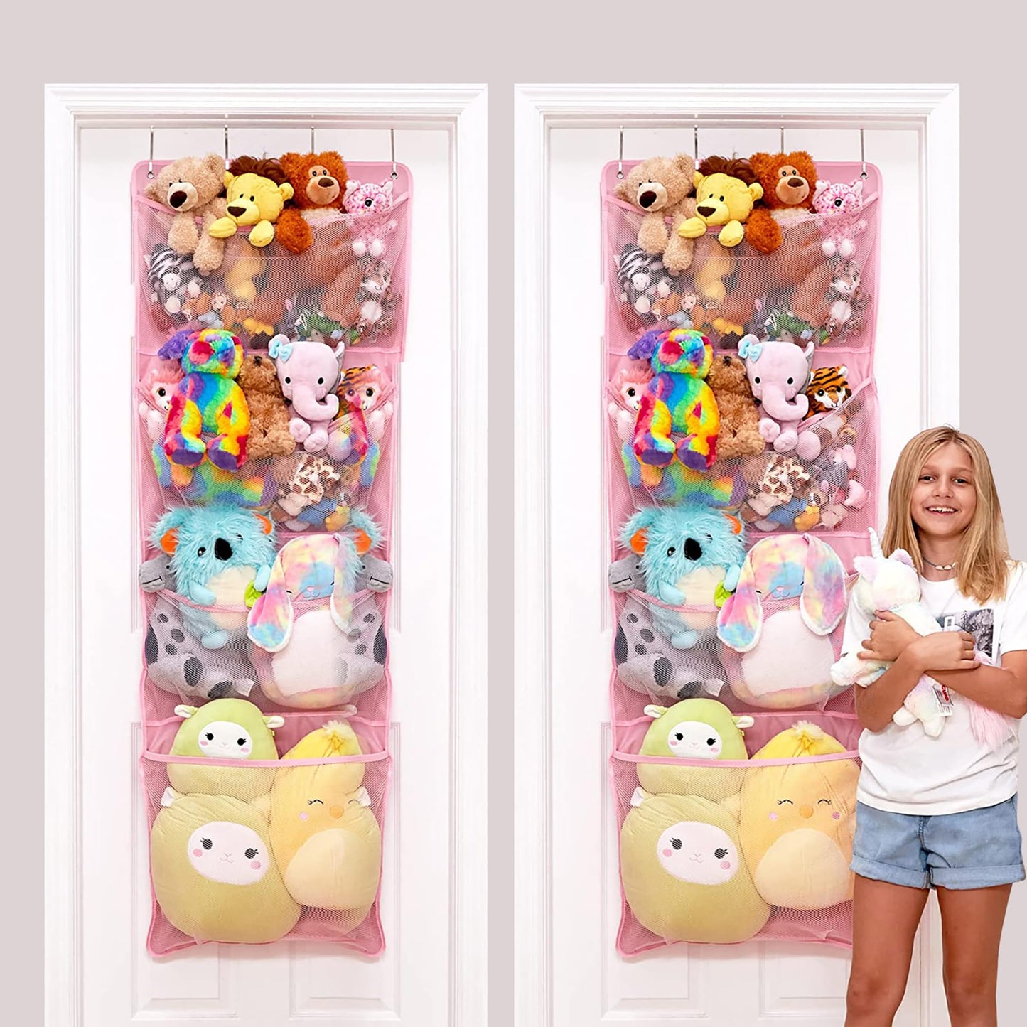 Lilly's Love Corner Stuffed Animal Toy Storage Hanging Organizer | 5 Expandable Mesh Net Pockets, Stores Loads of Plush Toys | Large Plushie Display for Boys, Girls | Pink