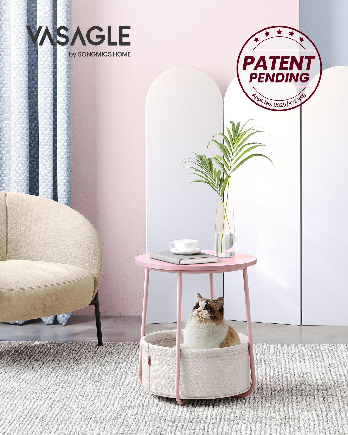 VASAGLE End Table, Small Bedside Table with Fabric Basket, Modern Nightstand, Round Side Table, for Living Room, Bedroom, Matte White and Camel Brown ULET223W10