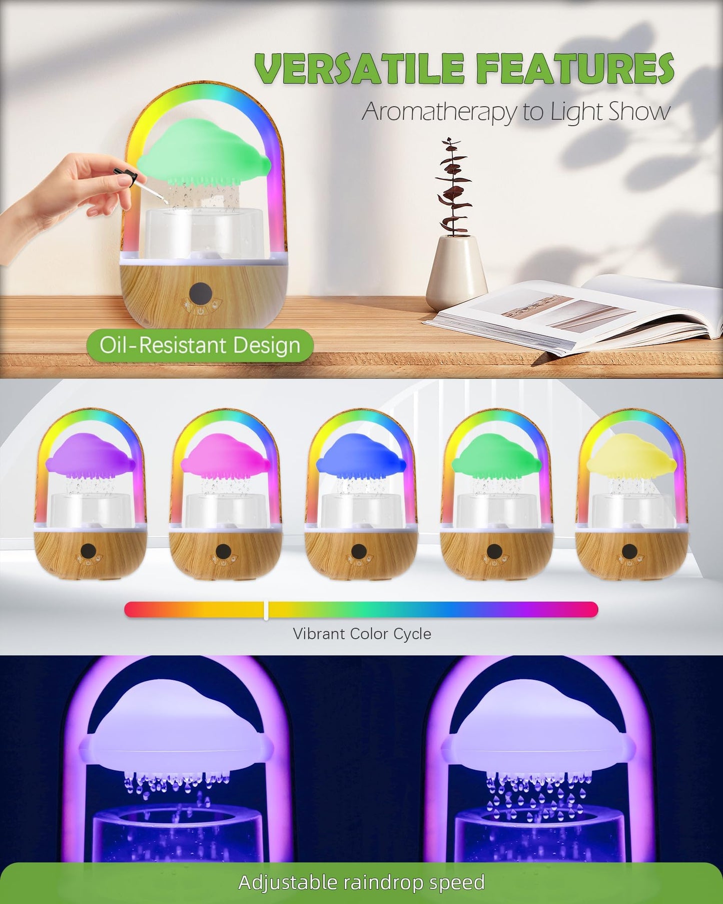 Weljoy Aromatherapy Essential Oil Diffuser Rainbow Rain Cloud Micro Humidifier Water Drip Mushroom Diffuser with Running Lights Rain Sounds for Sleeping-Tabletop Water Fountain&Night Light