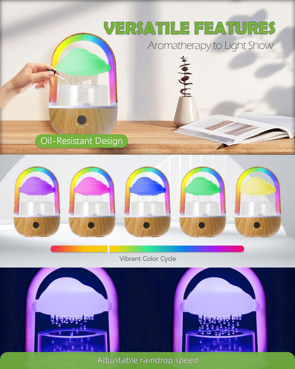 Weljoy Aromatherapy Essential Oil Diffuser Rainbow Rain Cloud Micro Humidifier Water Drip Mushroom Diffuser with Running Lights Rain Sounds for Sleeping-Tabletop Water Fountain&Night Light