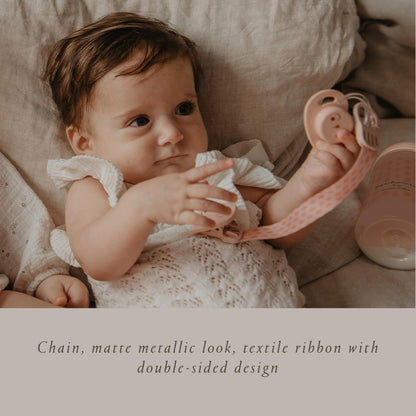 Suavinex Bonhomia Premium Baby Pacifier Clip with Ribbon, Stylish Binky Clips with Double Sided Design, Baby Accessories, Baby Essentials (0mo+), Beige