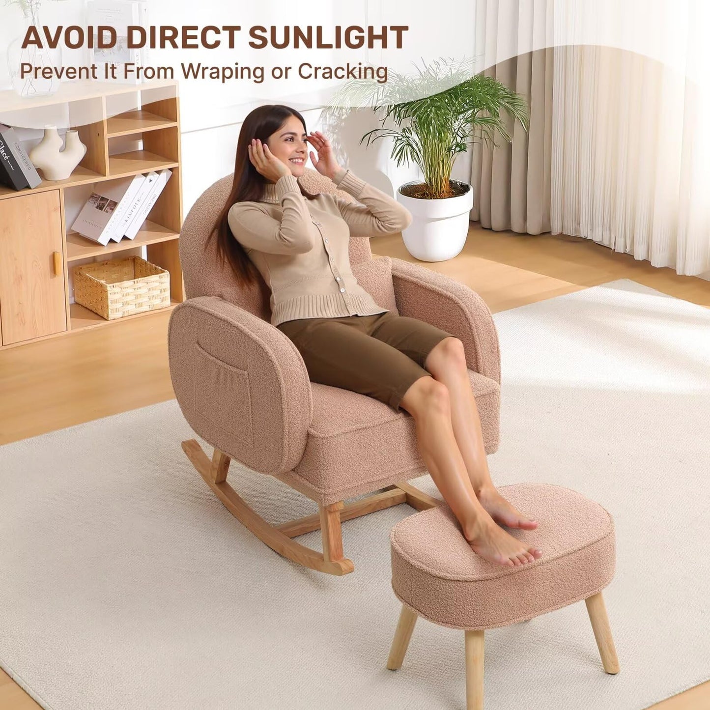 Rocking Chair with Ottoman, Upholstered Glider Rocker with High Backrest and Side Pocket, Rocking Accent Armchair with Solid Wood Legs for Nursery, Living Room, Bedroom Green
