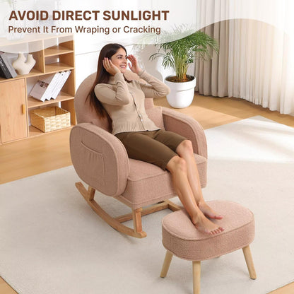 Rocking Chair with Ottoman, Upholstered Glider Rocker with High Backrest and Side Pocket, Rocking Accent Armchair with Solid Wood Legs for Nursery, Living Room, Bedroom Green