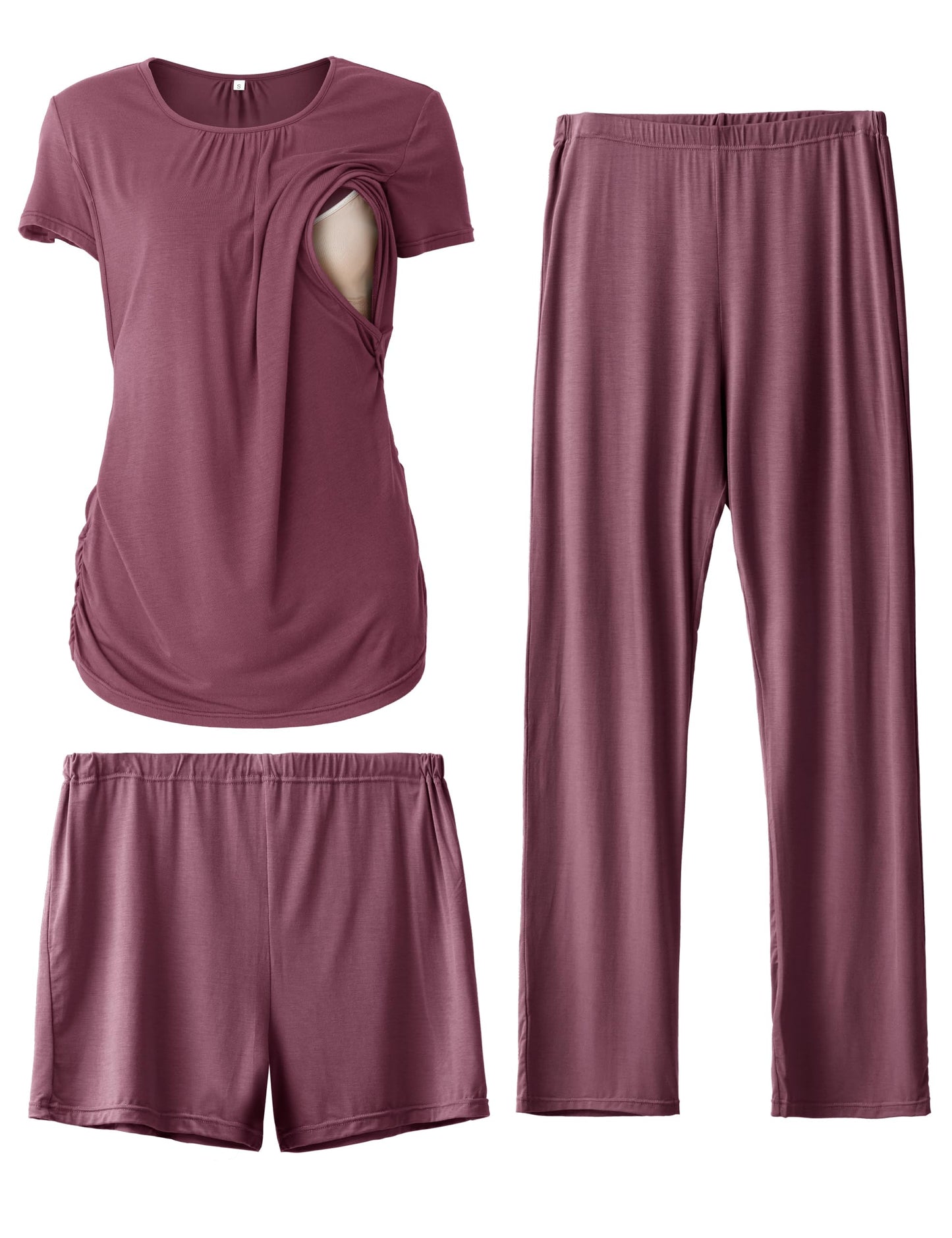 SUNNYBUY Womens Maternity Nursing Pajamas Set, Short Sleeve Breastfeeding Shirts，Pregnancy Shorts & Pants 3 Piece Nursing PJS