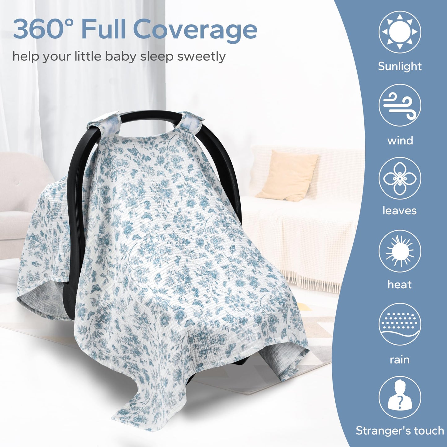 SERAPHY 100% Muslin Cotton Car Seat Covers for Babies, Universal Baby Car Seat Cover, Breathable Muslin Carseat Cover Canopies for Boys and Girls, Soft Infant Car Seat Cover for Summer — Rabbits