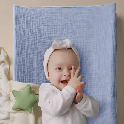 Bearmoss Changing Pad Cover, 2 Pack Muslin [100% Cotton] Diaper Changing Table Covers, 32'' x 16'' Soft Breathable Changing Pad Sheets for Unisex Baby Girls and Boys with Strap Holes (Bluemoon)