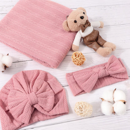 DRESHOW BQUBO Baby Swaddle Blankets for Girls, 4PCS Newborn Accessories Set with Matching Hat and Bow Headband with Card