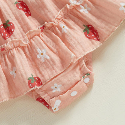 Newborn Baby Girl Romper Dress Sleeveless Tie Up Strap Smocked Strawberry Floral Print Bodysuit Summer Outfit Cotton Clothes