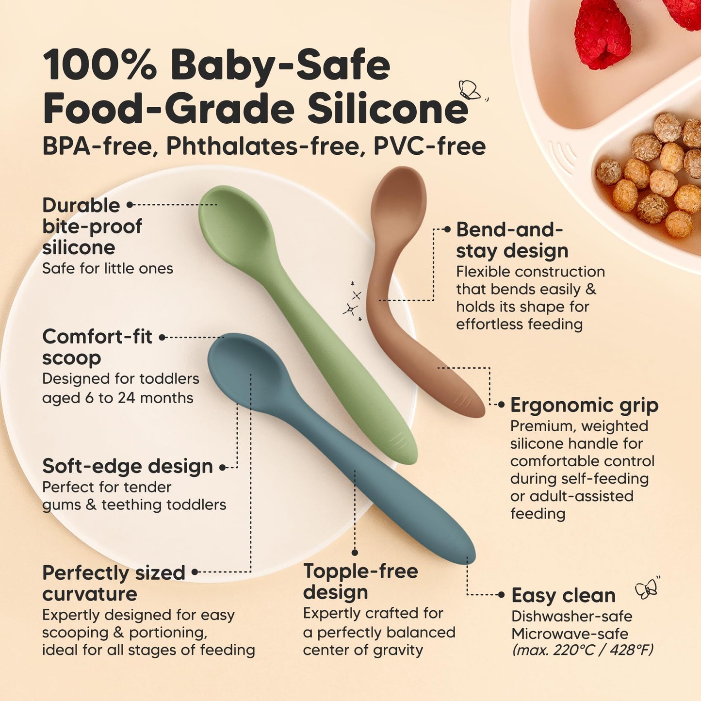 KeaBabies Silicone Baby Spoons, Self Feeding 6-12 months - 3-Pack Baby Weaning Eating Utensils, Toddler First Food Training Spoon, Infant, Kids Feeding Supplies Essential Set, Dishwasher-safe (Slate)